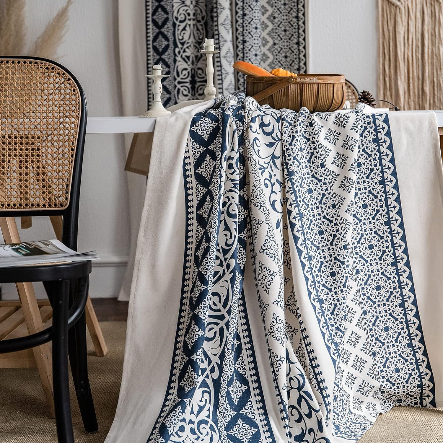 Vireellx Vintage Damask Semi-Blackout Window Curtains 2 Panels Bohemian Style Cotton Linen Darkening Curtains Rod Pocket Window Drapes for Living Room Bedroom