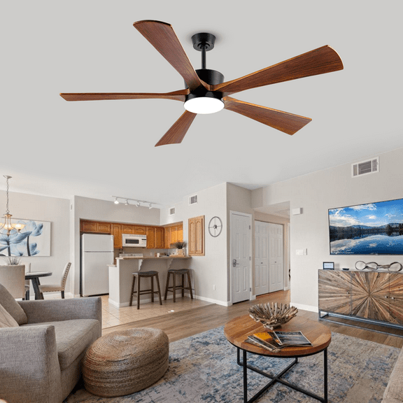 60 inch Wood Ceiling Fan with Light and Remote, Modern Farmhouse Indoor Outdoor 5 Blades Large Airflow Fan for Bedroom Living Room, Quiet DC Motor