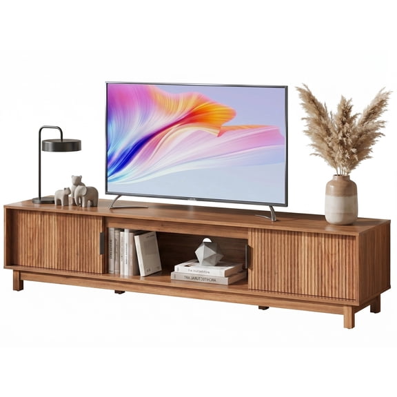 Sweetcrispy 70" Rattan TV Stand, Wood Entertainment Center with Storage Cabinets & Cable Management Hole