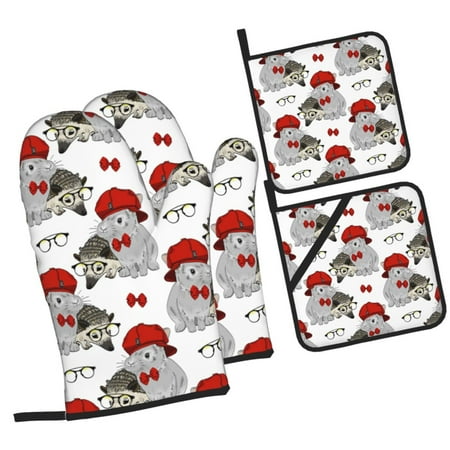 

Honeii Rabbit And Hedgehog Pattern Oven Mitts and Pot Holders Silicone Oven Gloves 500 F Heat Resistant Oven Mitts Sets 4PCS