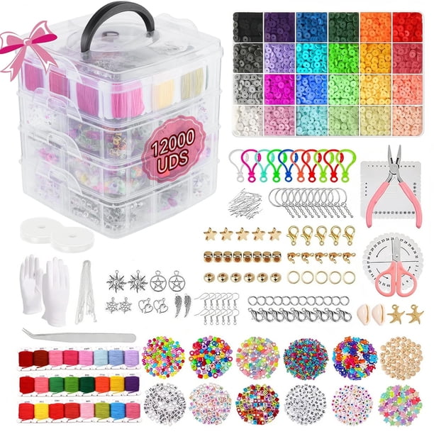 QYIKLPY Cuentas para Pulseras,12000 Pzas Kit para Hacer Pulseras Accesorios,DIY Kit Portátil de Manualidades 4 Niveles de Cajas de Amacenamiento para Niños y Adultos,Regalo de Na