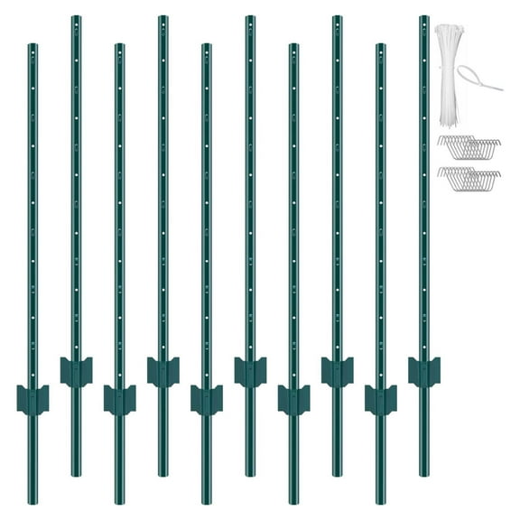 Wqmh 4 ft Fence Post, U-Channel Metal Fence Posts with Zip Ties & Clips, Sturdy Steel Fence Stakes for Garden Yard, Lawn, Farms and Outdoor Wire Fencing, Green