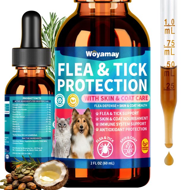 Gotas naturales Woyamay para pulgas y garrapatas, piel y pelaje, 60 ml