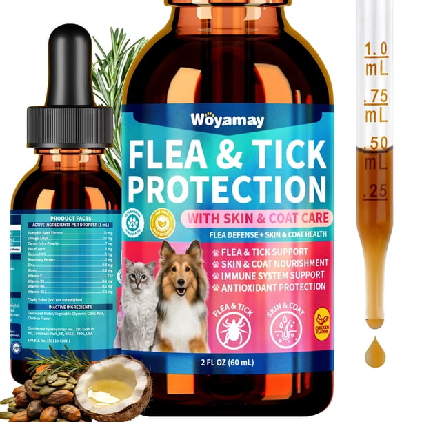 Gotas naturales Woyamay para pulgas y garrapatas, piel y pelaje, 60 ml