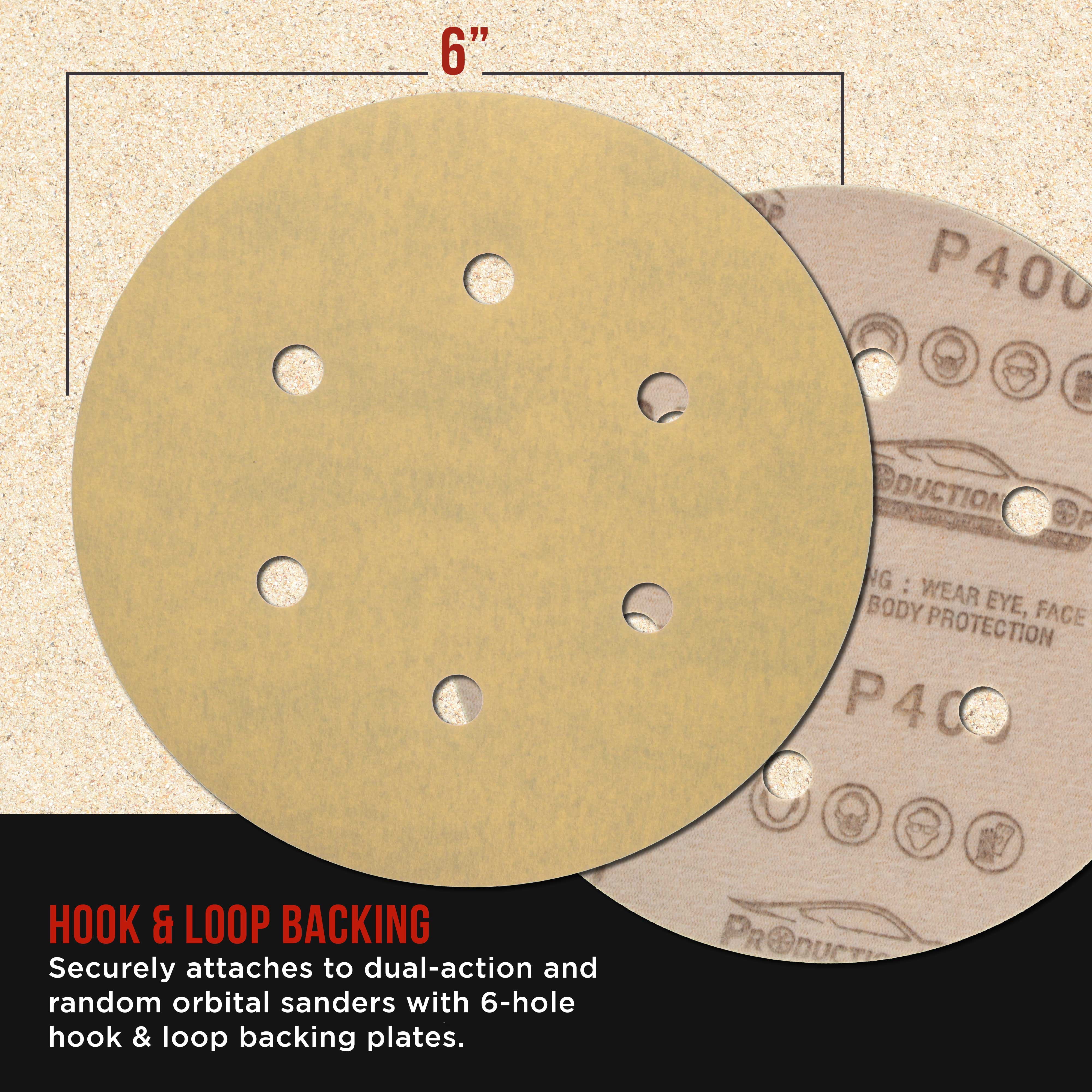 ProductionShop Premium 400 Grit 6" Gold Sanding Discs, 6-Hole Pattern, Box of 100 - Dustless Hook & Loop Backing Sandpaper for DA & Random Orbital Sanders, Sand Auto Paint, Wood Woodworking Furniture