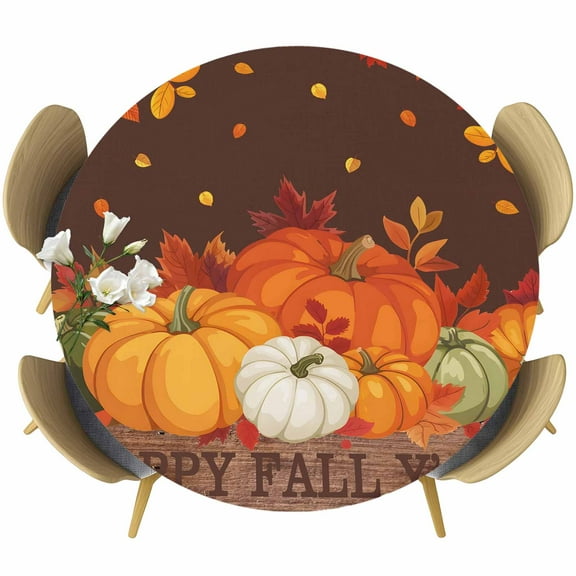 Orange Pumpkins Fall Fitted Tablecloth with Elastic Edged, Round Table Cloth for Dining Table, Thanksgiving Autumn Maple Leaves Brown Waterproof Oil Proof Table Cover for Indoor Outdoor 36"-44"