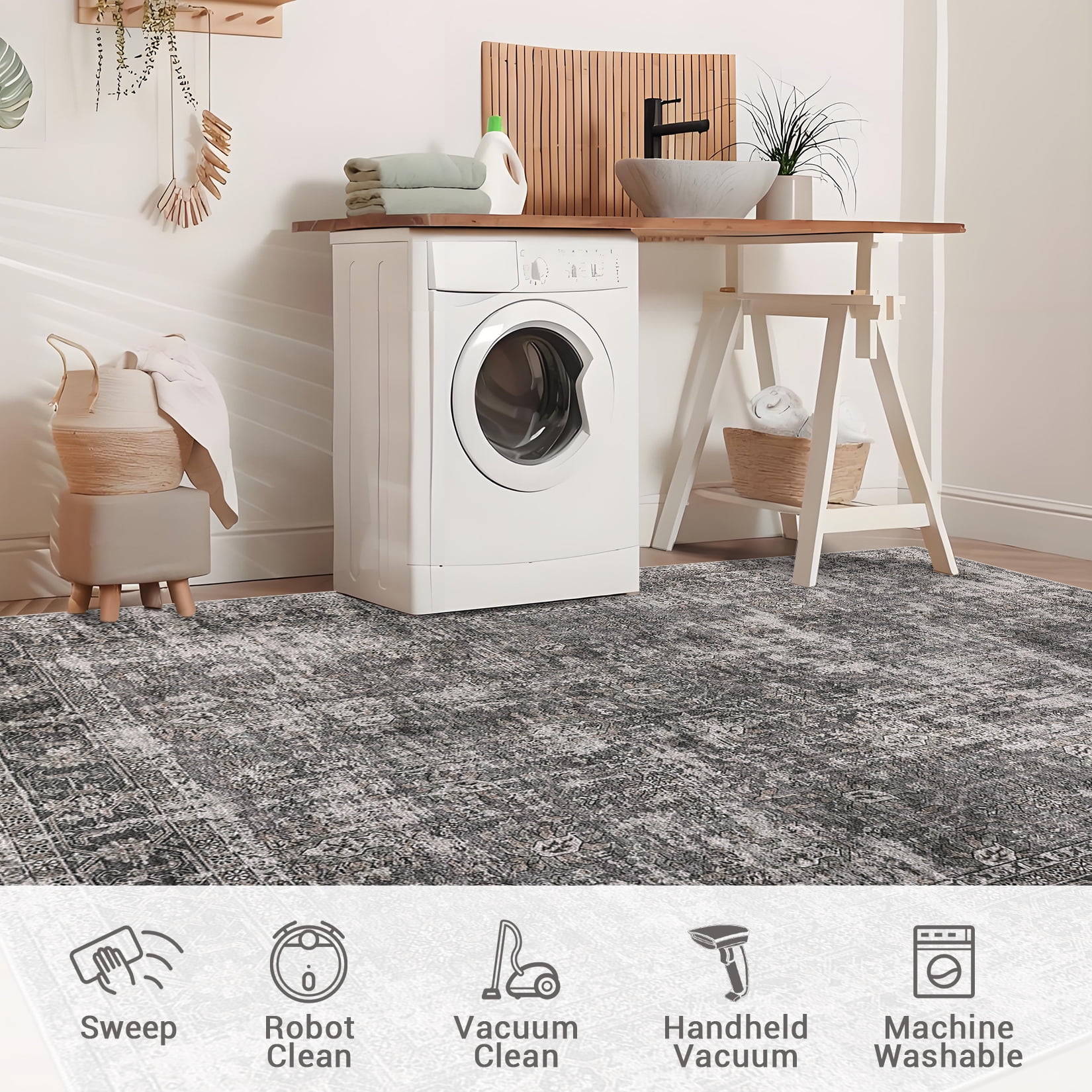 FairOnly 5'x7'Oriental Distressed Area Rug Machine Washable Non Slip Vintage Soft Indoor Floor Cover for Living Room Bedroom Office Study Room,Grey