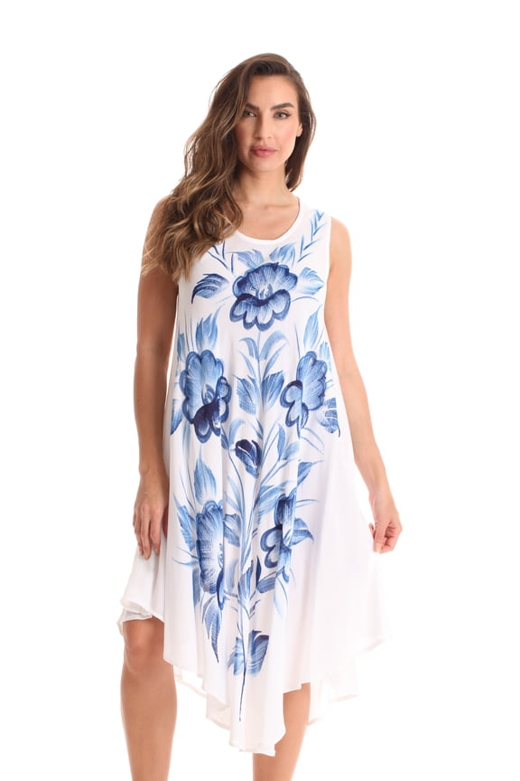 Sleeveless Umbrella Dresses for Women (White - Blue Flower, Large)