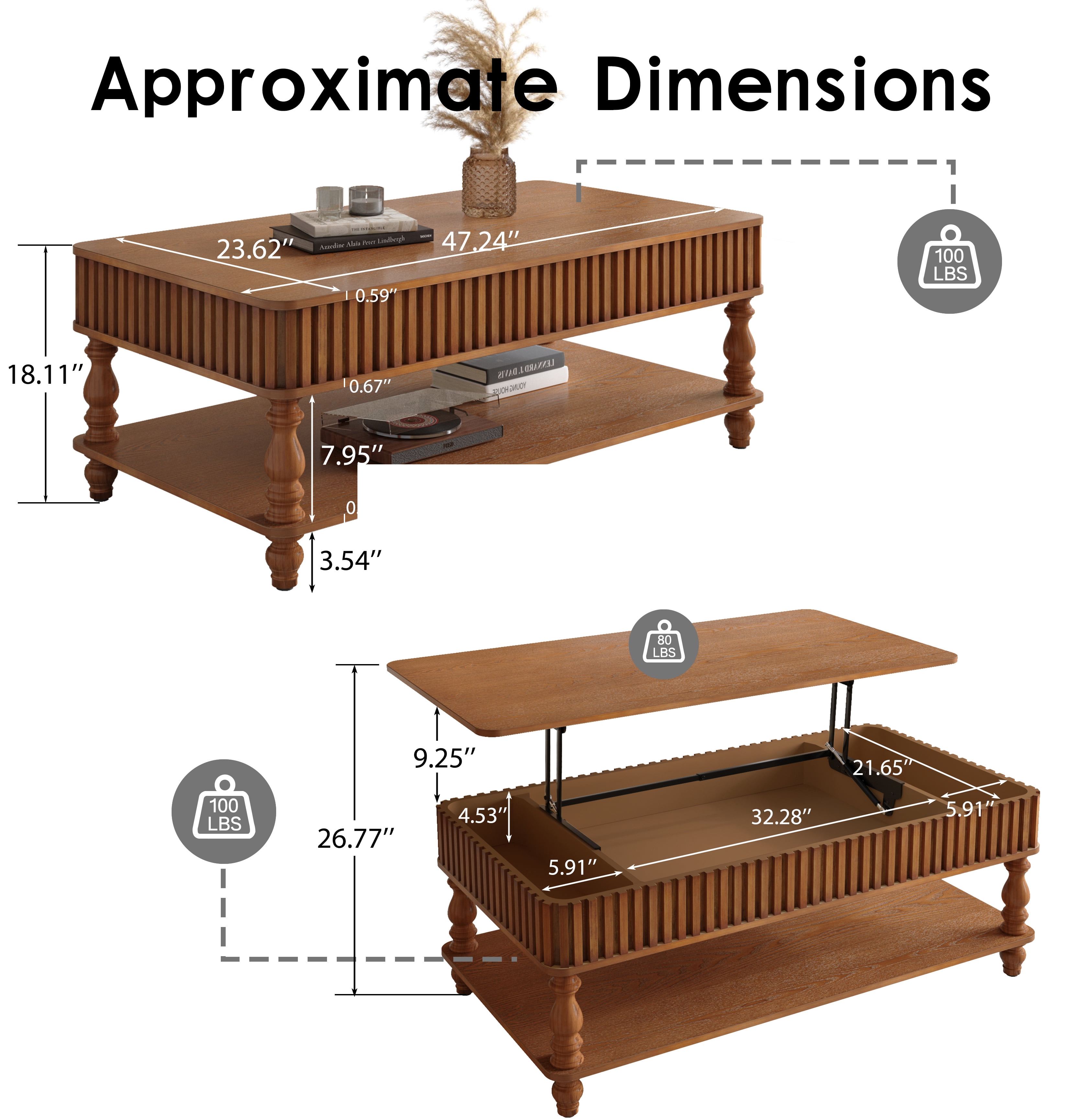 47.24" Lift Top Coffee Table with Hidden Storage and Open Shelf, Solid Wood Center Table with Fluted Design & Roman Column Legs, Tool-Free Assembly for Living Room, Vintage Brown
