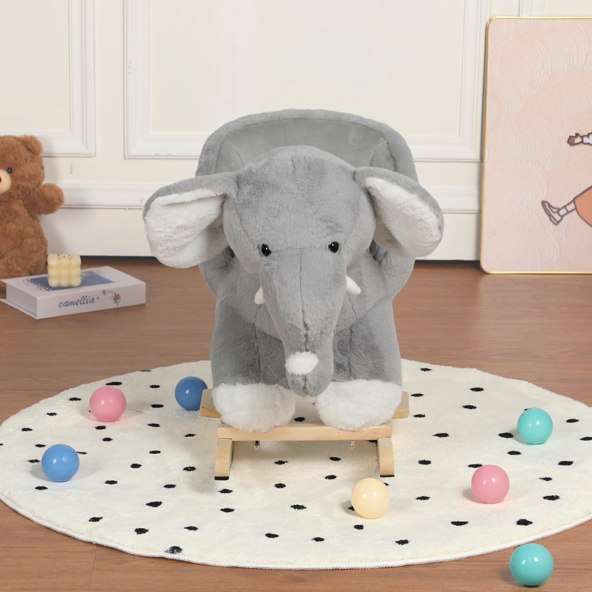 DIPU-Home Elephant Ride-On Rocking with Lullaby Song, Hand Puppets, Safety Belt, Plush Rocking Horse for Ages 1-3, Interactive Kids Rocker, Gray