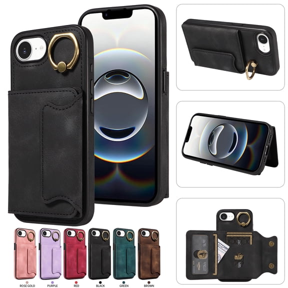 Allytechgroup Wallet Case for iPhone 16e, Lightweight PU Leather Rugged with Kickstand & Cash Slot & Grip Ring Non-Slip Shockproof Protective Full Body Cover for iPhone 17e, Black