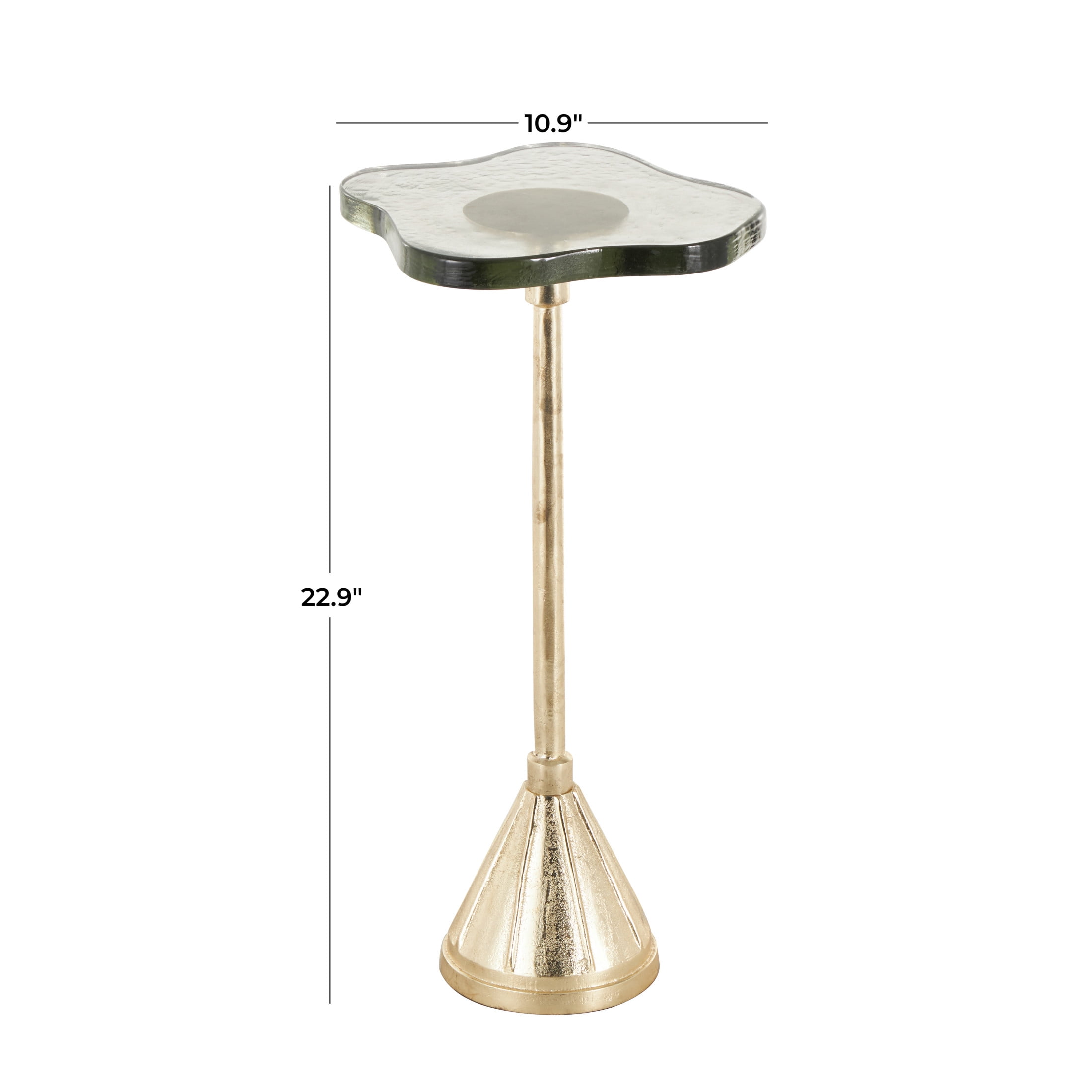DecMode 11" x 23" Gold Aluminum Metal Pedestal Accent Table with Textured Glass Tabletop, 1-Piece