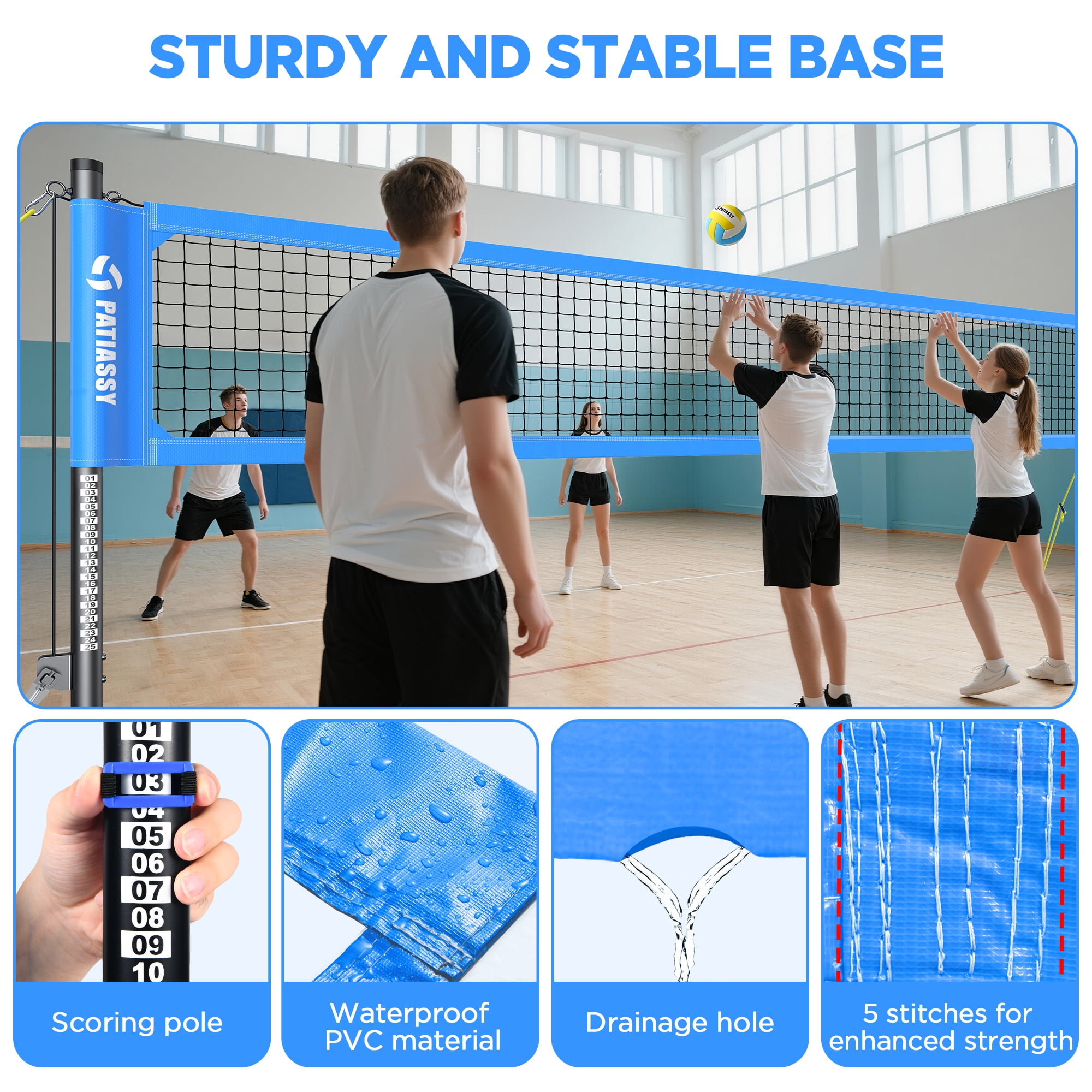 Patiassy Portable Professional Outdoor Volleyball Net Set for Backyard Beach with Adjustable Height Aluminum Poles, Winch System, Volleyball with Pump