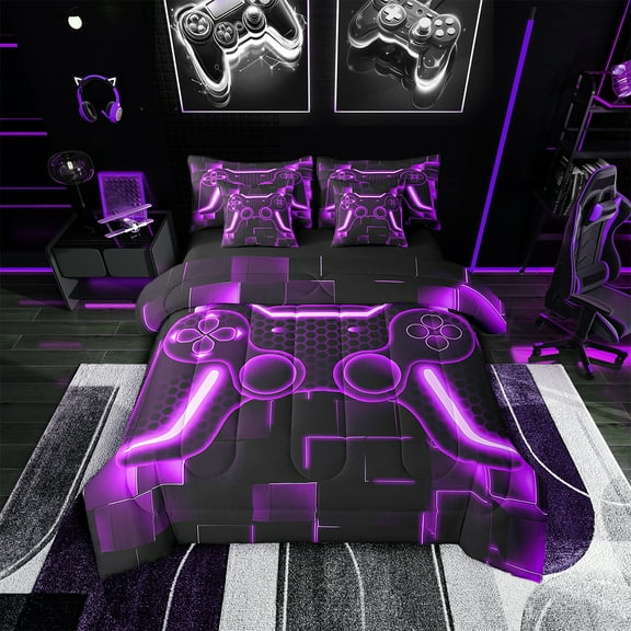 Gaming Bedding Set Teen Game Twin Comforter Set 7 Piece Gamer Bed In A Bag With Sheets For All Season,Gamepad Home Decor For Bed Set Purple Black,Fluffy