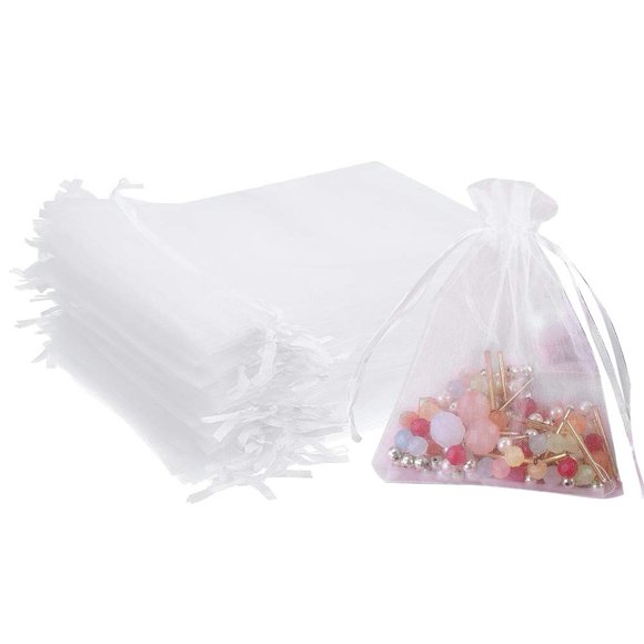 Stratalife 5X7 Organza Mesh Bags With Drawstring - Small Jewelry Favor Bags for Wedding Party and Candy (50PCS White)