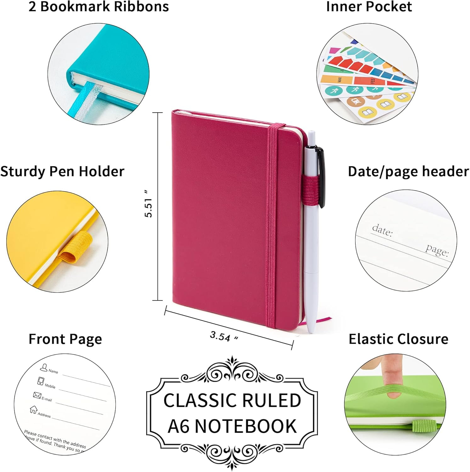 feela Pocket Small Notebooks Bulk, Mini Cute Notepads Hardcover College Ruled Lined Journals with Pen Holder for Business Memos, with 15 Black Pens, 3.5”x 5.5”, 15 Pack, A6, Solid Colors