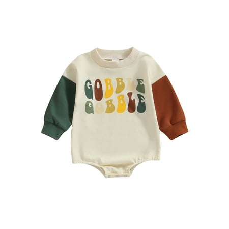 

Eyicmarn Infant Baby Thanksgiving Sweatshirt Jumpsuit Cartoon Letter Print Round Neck Long Sleeve Romper Toddler Clothes