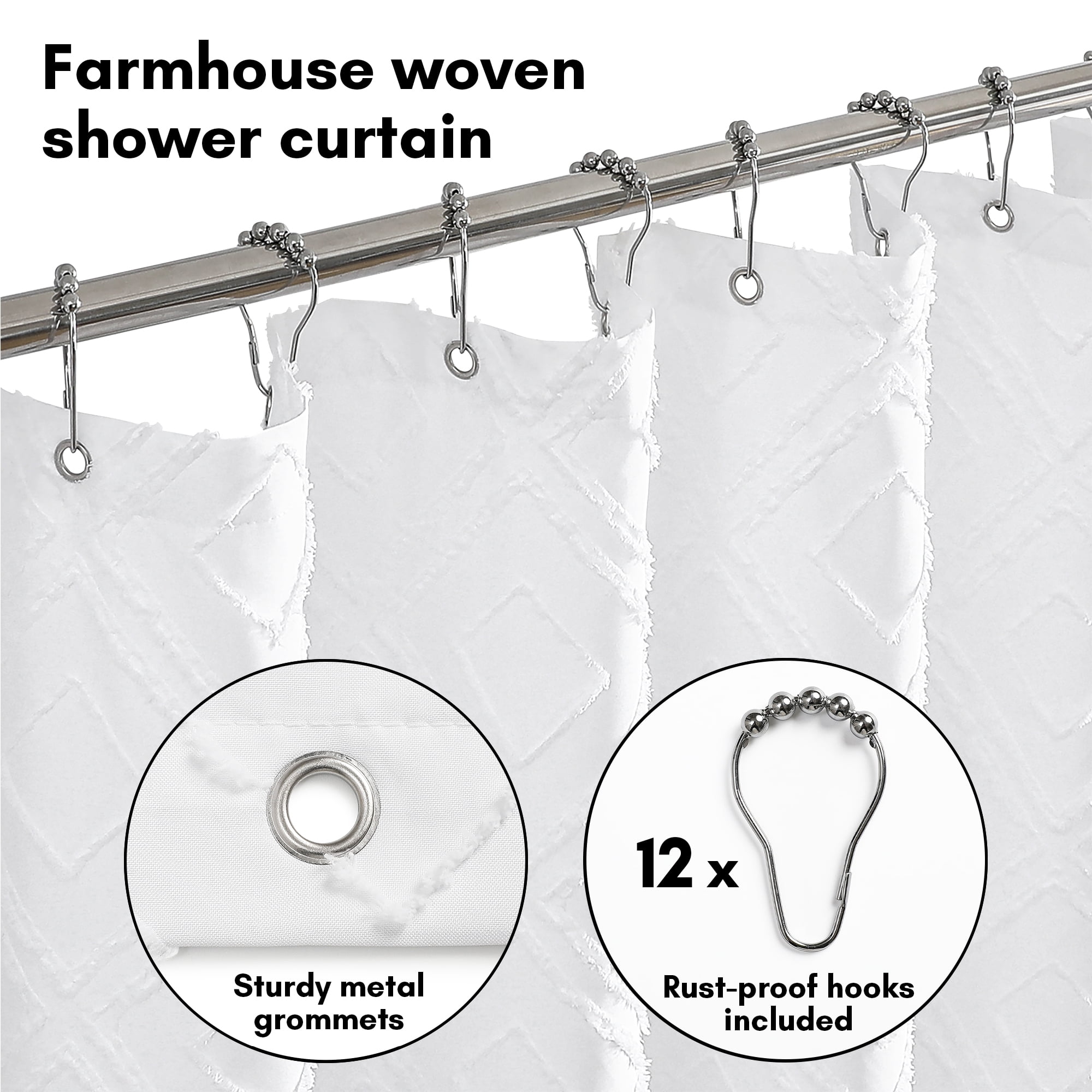 Americanflat 71x71 White Woven Shower Curtain with Tassel And Diamond Accents - Includes 12 Grommets and Hooks - 100% Polyester