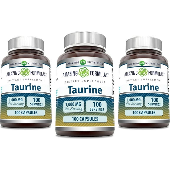 Amazing Formulas Taurine 1000mg Per Serving 100 Capsules Amino Acid Supplement | Non-GMO | Gluten Free | Pack of 3