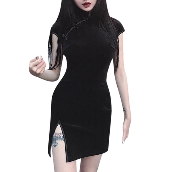 PMVFHDE Womens Dresses Gothic Punk Chinese Cheongsam Short Sleeve Bodycon Split Dress Black,L