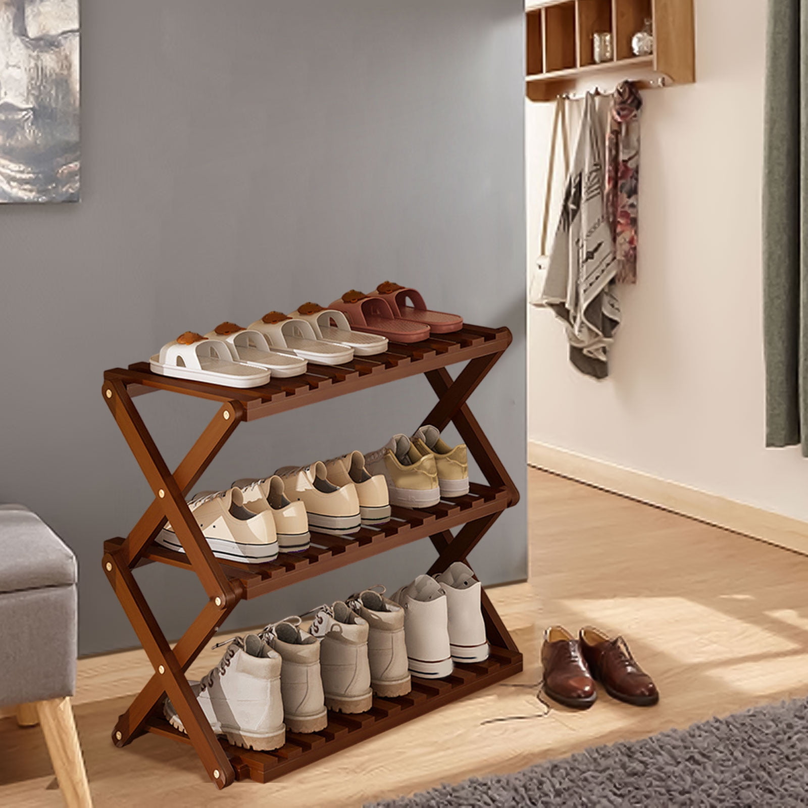 DAMAI 3 Tier Bamboo Shoe Rack,Portable Folding Multifunctional Free Standing Shoe Shelf Storage Shoe Storage Rack,Without Installation Small Shoe Rack Perfect for Corridors,Bedrooms and Small Spaces