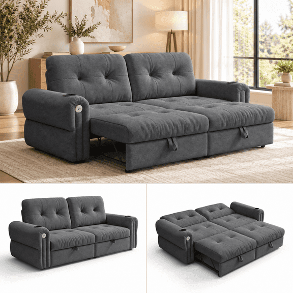 77" Sleeper Sofa Bed, Convertible Pull Out Couch, Chenille L Shaped Couch Bed with Adjustable Backrest & USB Ports, Small Space Apartment Loveseat Sofa for Living Room (Dark Gray)