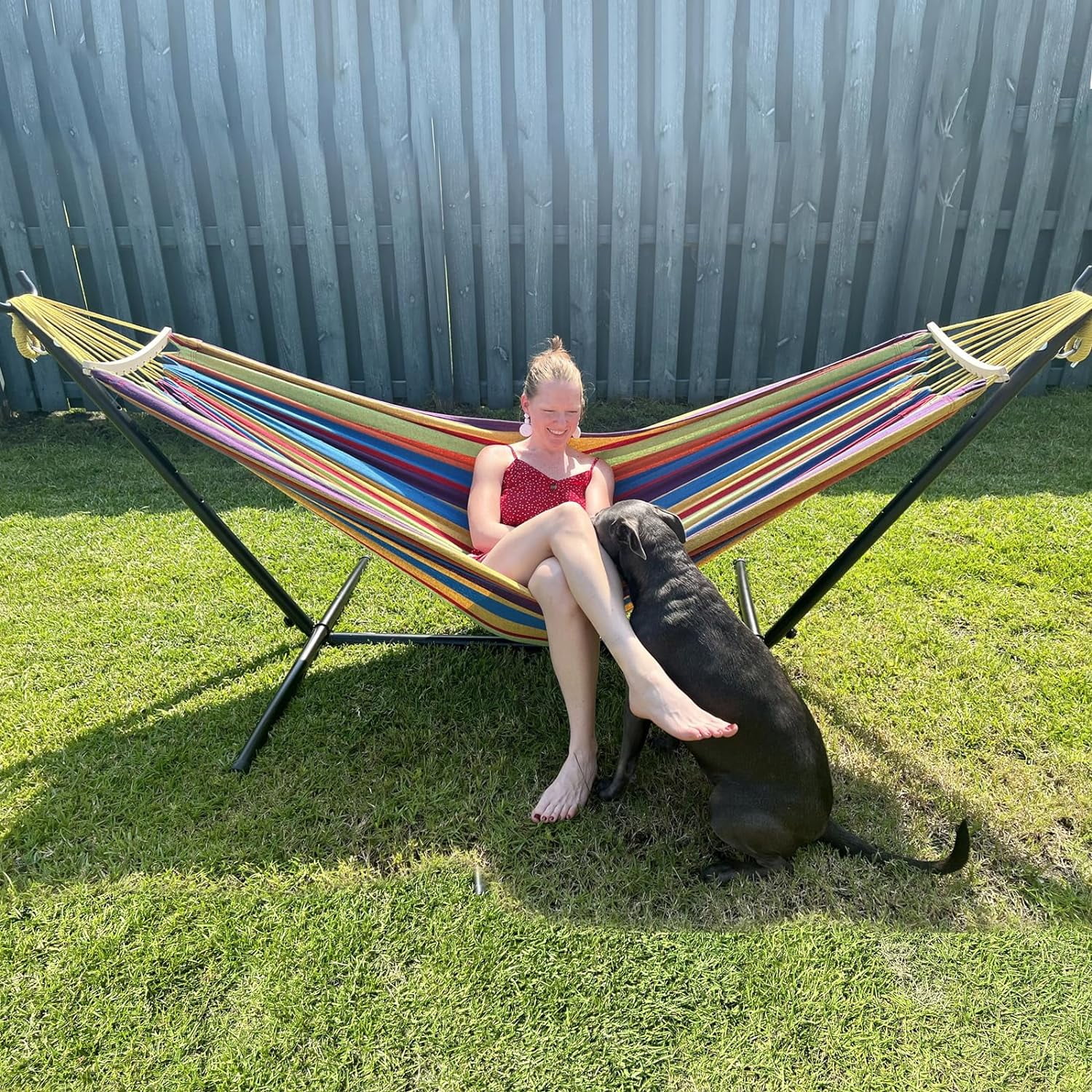 SZHLUX Double Hammock with Stand Included 450lb Capacity Steel Stand, Premium Carry Bag Included.Indoor Outdoor Brazilian-Style Cotton Bed for Backyard, Camping,Garden,Green