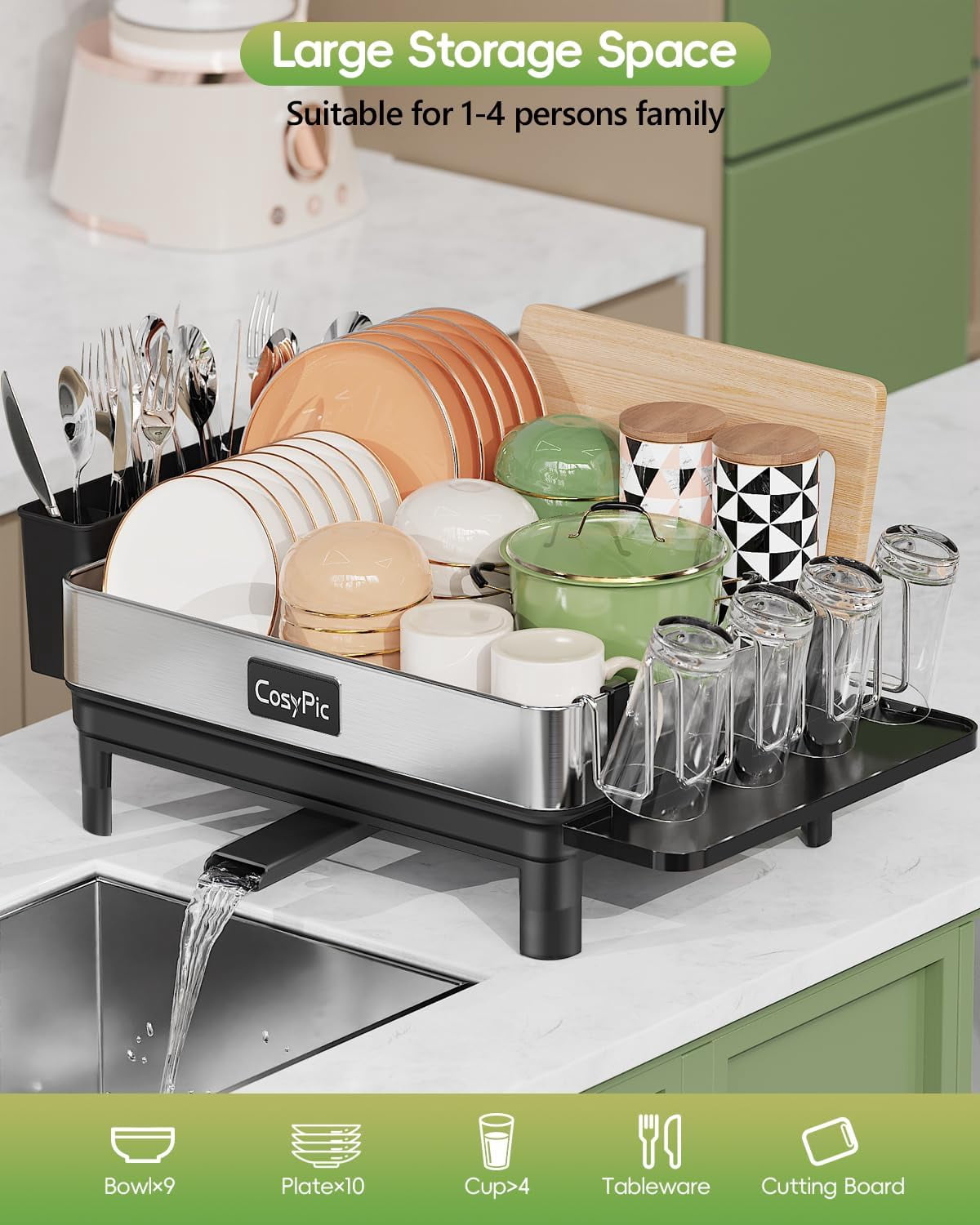 Premium 304 Stainless Steel Dish Drying Rack with Automatic Drainage and Utensil Holder for Kitchen Counter, Black
