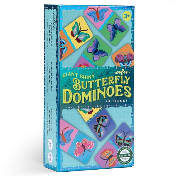 eeBoo: Giant Shiny Butterfly Dominoes - 28 Oversized Tiles, Classic Matching Game, Fun & Colorful Holographic Butterflies, Kids Ages 3 , 2-4 Players