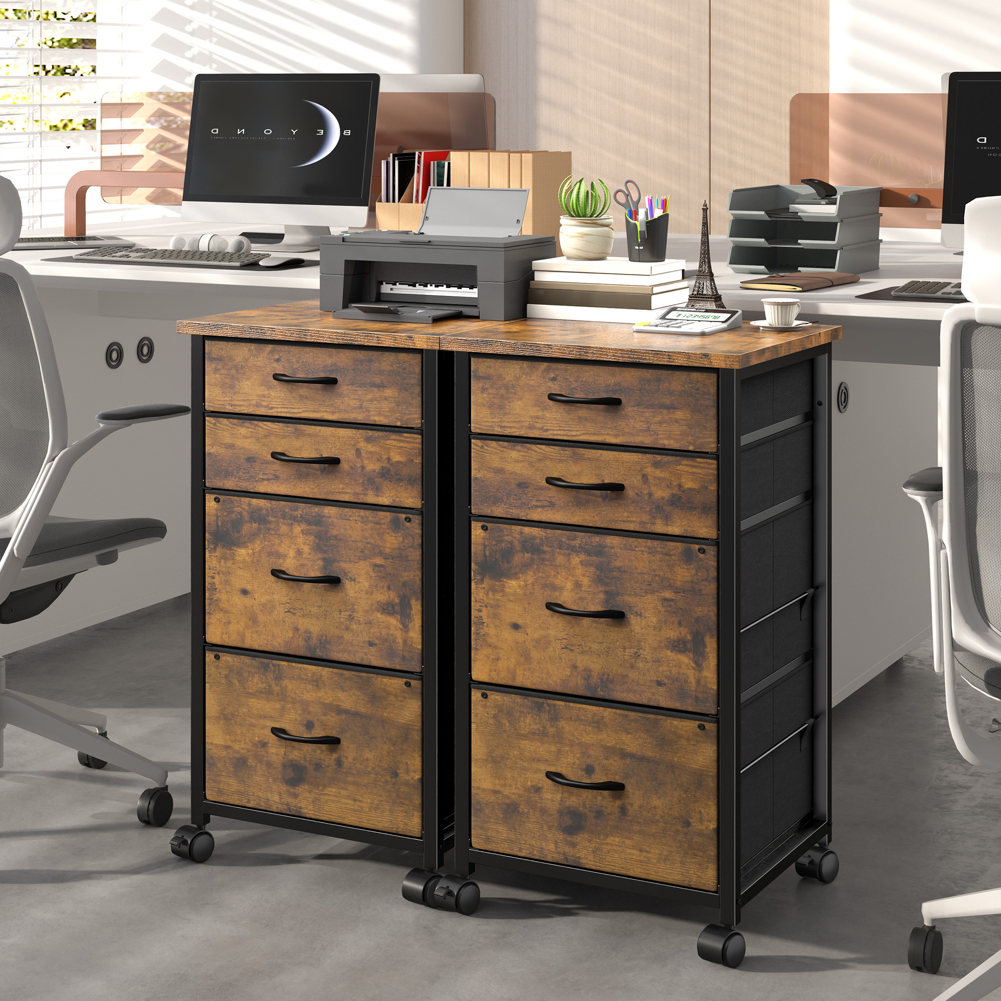 Romorgniz 4 Fabric Drawers Mobile File Cabinet Desk Table Cabinet Fits A4/Letter Size Printer Stand for Home Office，Rustic Brown