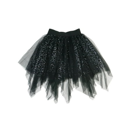Wenchoice Girls Black Glitter Sequin Uneven Cut Mesh Tutu Skirt
