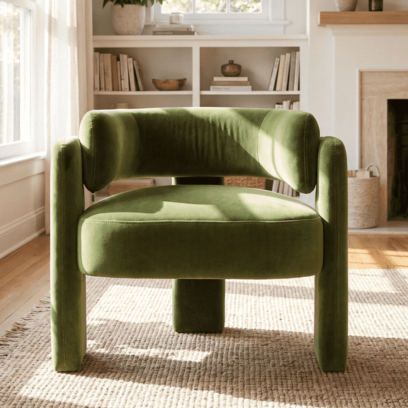 TLSUNNY Modern Accent Barrel Chair, Velvet Upholstered Armchair with 3 Legs, Comfy Leisure Reading Chair for Dining/Living Room/Bedroom, Olive Green