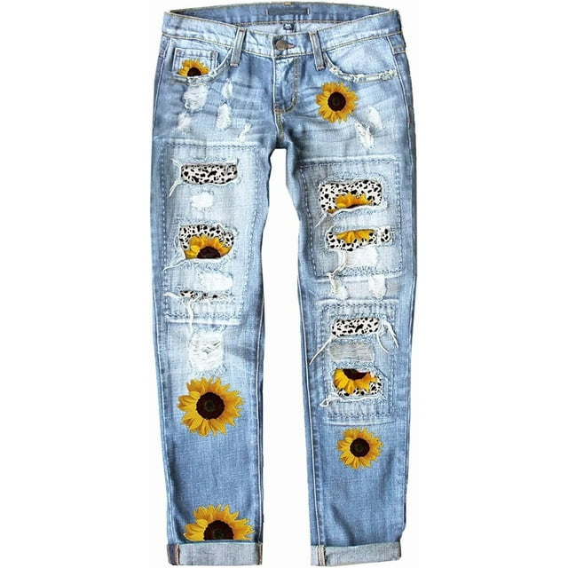 Jeans for Women Plaid Patch Ripped Stretchy Boyfriend Mid Rise Printed Denim Pants Boot Cut Distressed Patchwork Clothes Straight Leg Trendy 2025, A02 Sky Blue, Small