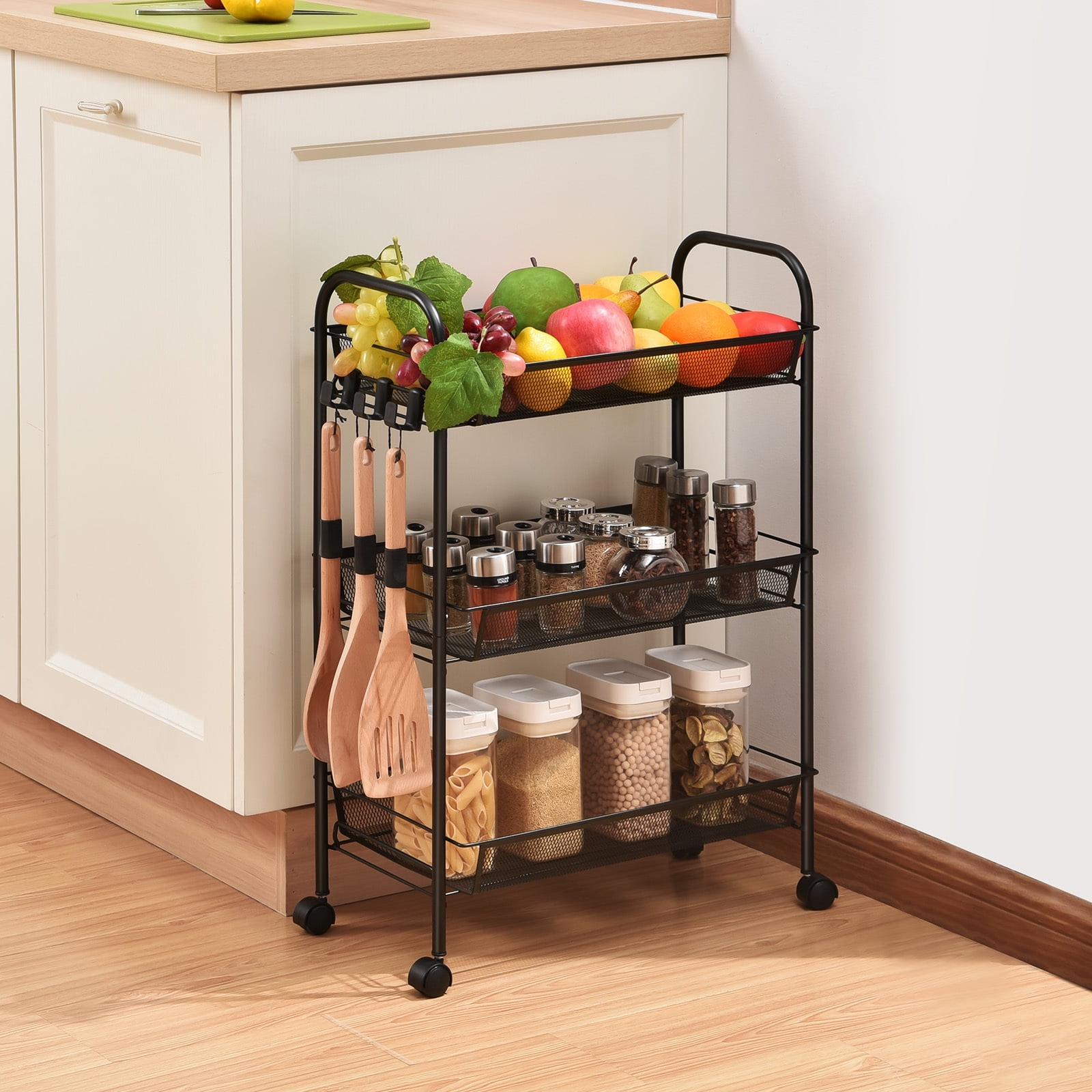 KK KINGRACK 3 Tier Rolling Cart Organizer, Mesh Cart with Wheels, Utility Cart for Office, School,Storage, Black