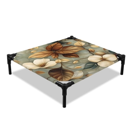 Brown Leaves White Flowers Elevated Dog Bed Branch Leaf Plant Farm Cooling Breathable Outdoor Raised Dog Cot Bed with Metal Frame Non-Slip Feet for Small Dog 20x20in
