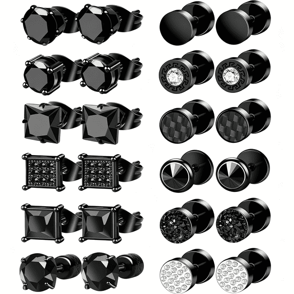 Designice 12 Pairs Black Earrings for Men Stainless Steel Mens Stud Earrings Hypoallergenic Square Cubic Zirconia Stud Earrings Set for Multiple Piercing