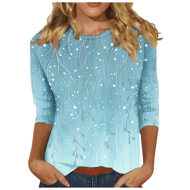 Liquidation d'Économies d'Été Staron Hauts à Manches 3/4 pour Femmes Décontractés Mignons Blouses à Col Rond T-Shirts Basiques Chemises d'Été Chic T-Shirts à Imprimé Floral
