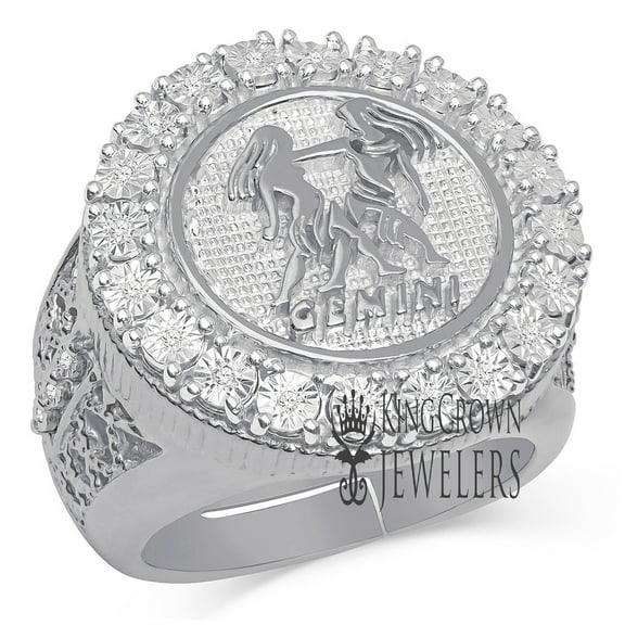 Mens Real Genuine Diamonds Gemini Twins Zodiac Sign Astrology Horoscope Ring 10K White Gold Finish Pinky Band 25mm