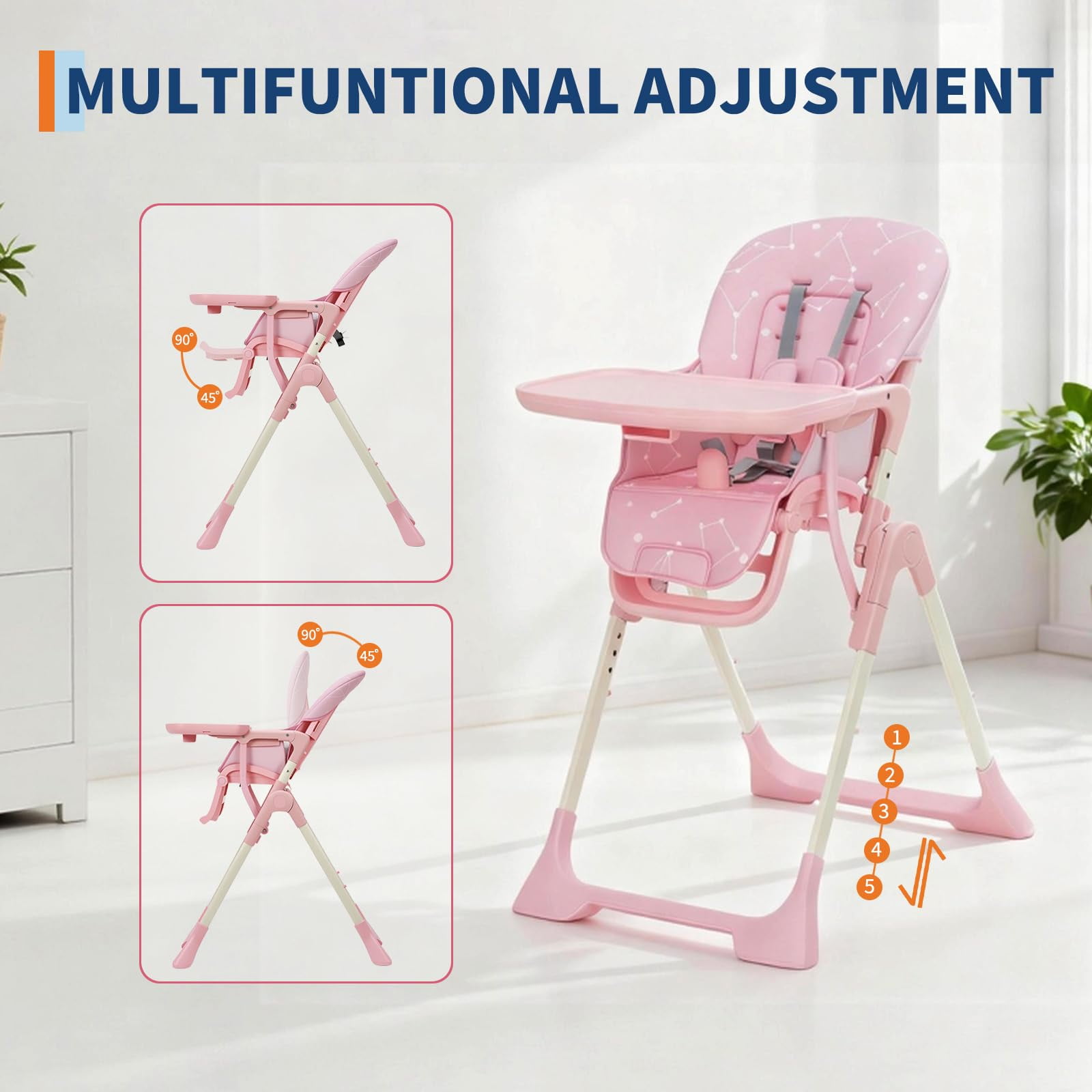 Collapsible Baby High Chair for Feeding – Adjustable Height, Backrest & Footrest, Removable Tray, Compact Fast Folding, Safe for Babies & Toddlers, Easy Clean