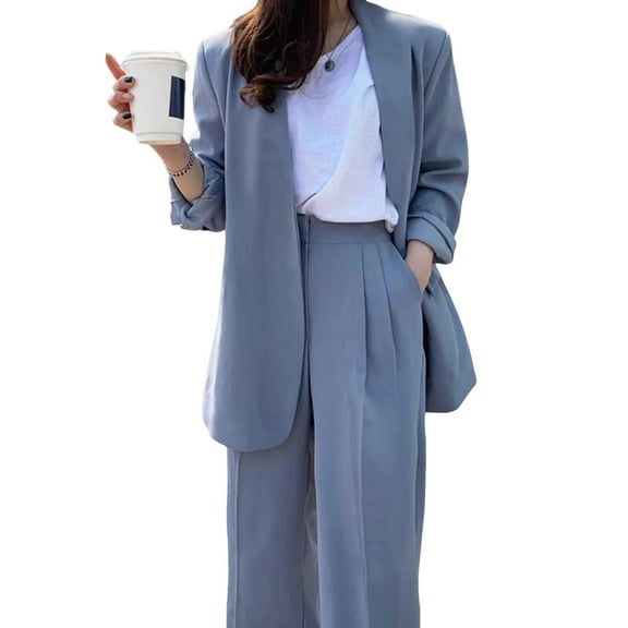 2 Pcs/Set Lady Formal Coat Pants Set Long Sleeves Open Stitch Cardigan Mid Length Jacket Loose Straight Wide Leg High Waist Trousers Formal Business Commuting Outfit