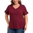 thumbnail image 1 of GRACE & GRANDEUR Blusas de mujer en talla grande, top casual elegante de cuello en V, blusas de manga corta con bordado de ojales en color burdeos 1X, 1 of 7