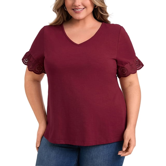 GRACE & GRANDEUR Blusas de mujer en talla grande, top casual elegante de cuello en V, blusas de manga corta con bordado de ojales en color burdeos 1X