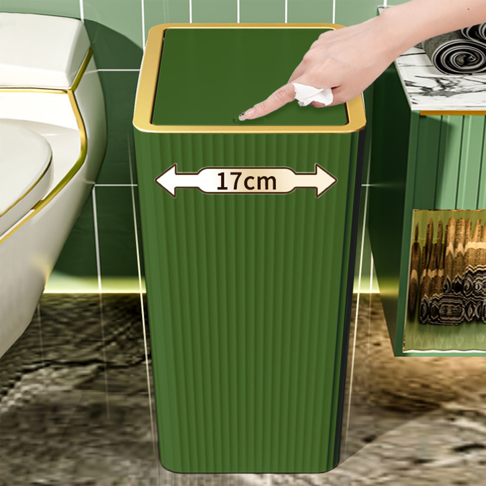 Kingfansion Press Lid Trash Can for Bathroom Kitchen, ABS Odor-Sealing Garbage Bin with Modern Design, 27x26cm Hygiene Household Bin for Bedroom Living Room Office, Green