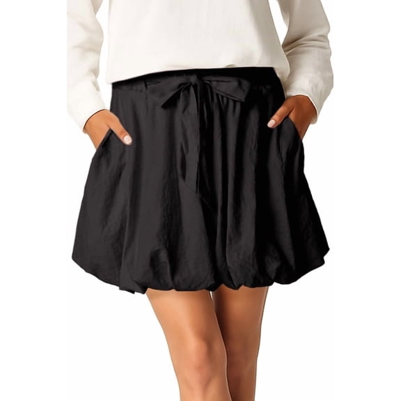 JWD Women's High Waisted Bubble Skorts Paperbag Elastic Waist Mini Skirt with Pockets Casual Summer Cute Ruffle Tie Belt Short Pants Black L