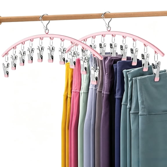 USIONE 2 Pack Legging Storage Hanger with 10 Clips Each, Metal Anti-Slip Closet Pants Organizer Hanger, Space Saving Clothing Hook for Yoga Pants Socks Underwear, Pink