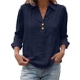thumbnail image 6 of DENGDENG 3/4 Sleeve Linen Tops for Women Casual Button V Neck Collared Tunic Summer Spring Boho Blouses Outfits, #01 Navy L, 6 of 7