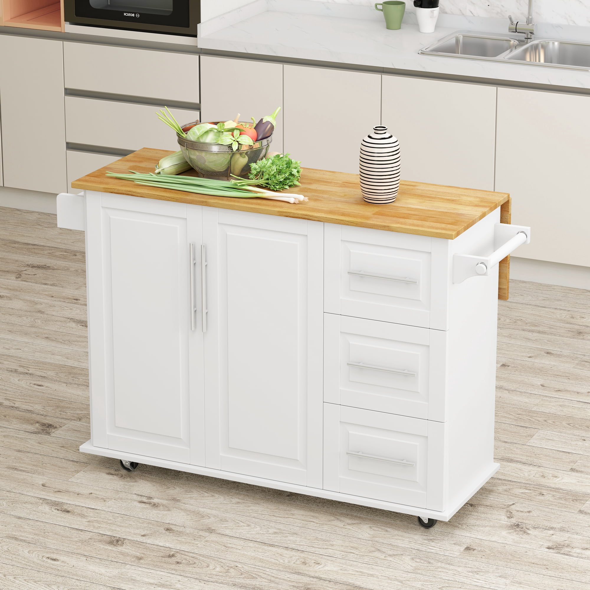 Kitchen Island Cart with 2 Door Cabinet and Three Drawers, 43.31 Inch Width with Spice Rack, Towel Rack