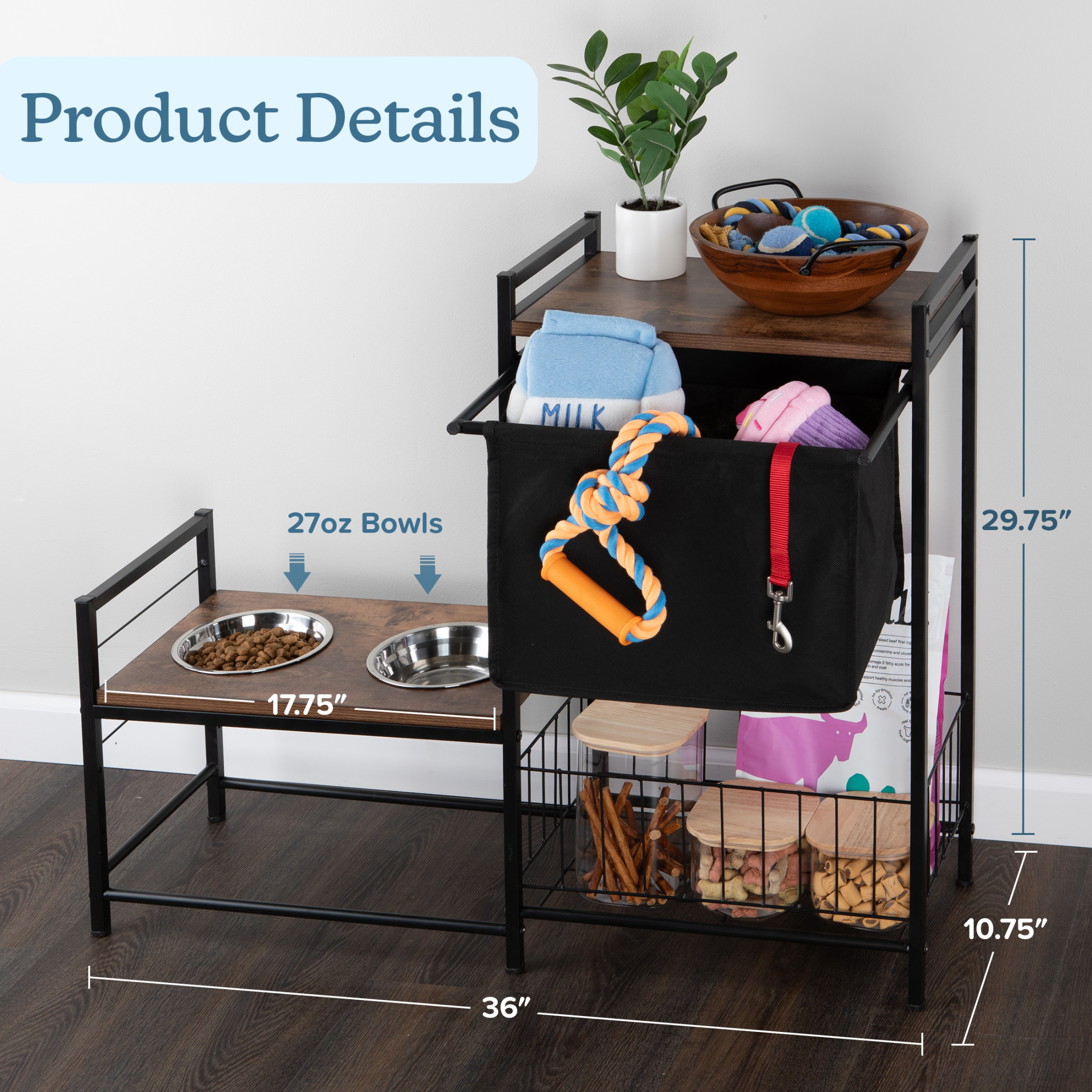 PETMAKER Elevated Dog Bowl Stand with Storage, Toy Bin Basket, and Bowls