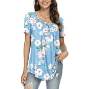 POPYOUNG Women's Summer Short Sleeve Tunic Tops Fit Pleated Blouses