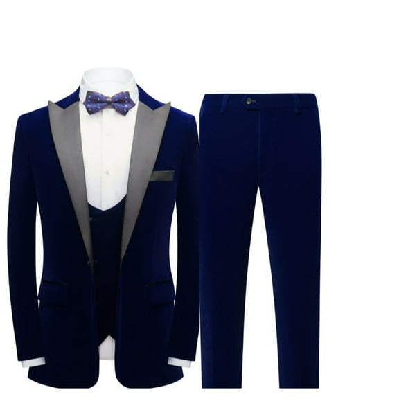 Mens Velvet 3 Piece Suits Slim Fit Peaked Lapel One Button Tuxedo Dinner Jacket Vest Pants Suit Set-Blue
